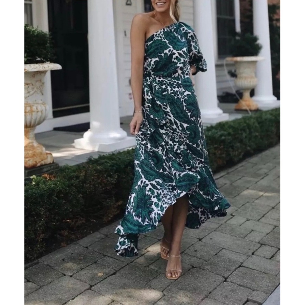 J.CREW COLLECTION One-shoulder Ruffle-hem Dress in Emerald Floral 4 NEW BK996